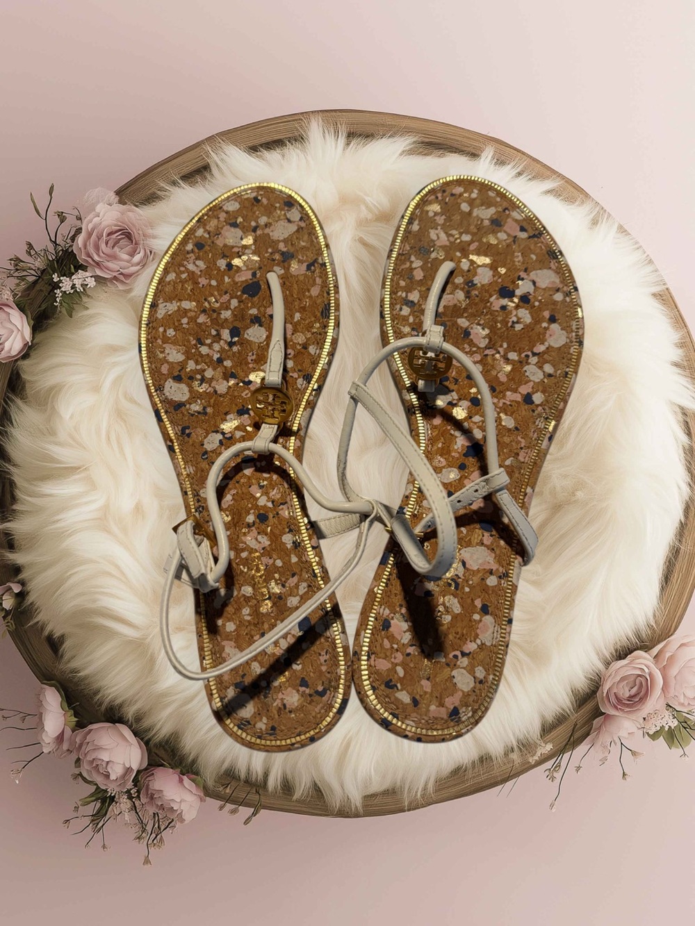 Tory Burch Beige Leather Cork Mosaic T-Strap Sandals with Gold Trim